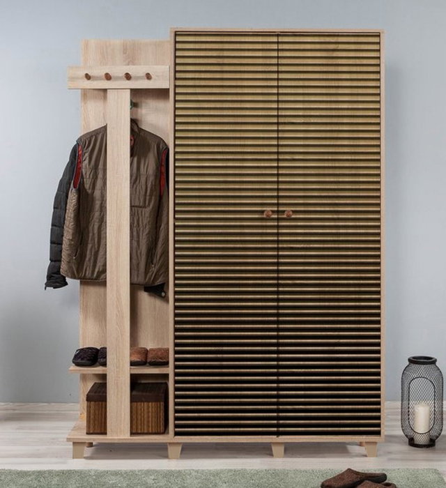 Hanah Home 135-220 Mueble de Entrada con Perchero y Estanterías, Roble Sonoma, Ancho 135cm x Alto 192cm x Fondo 36cm